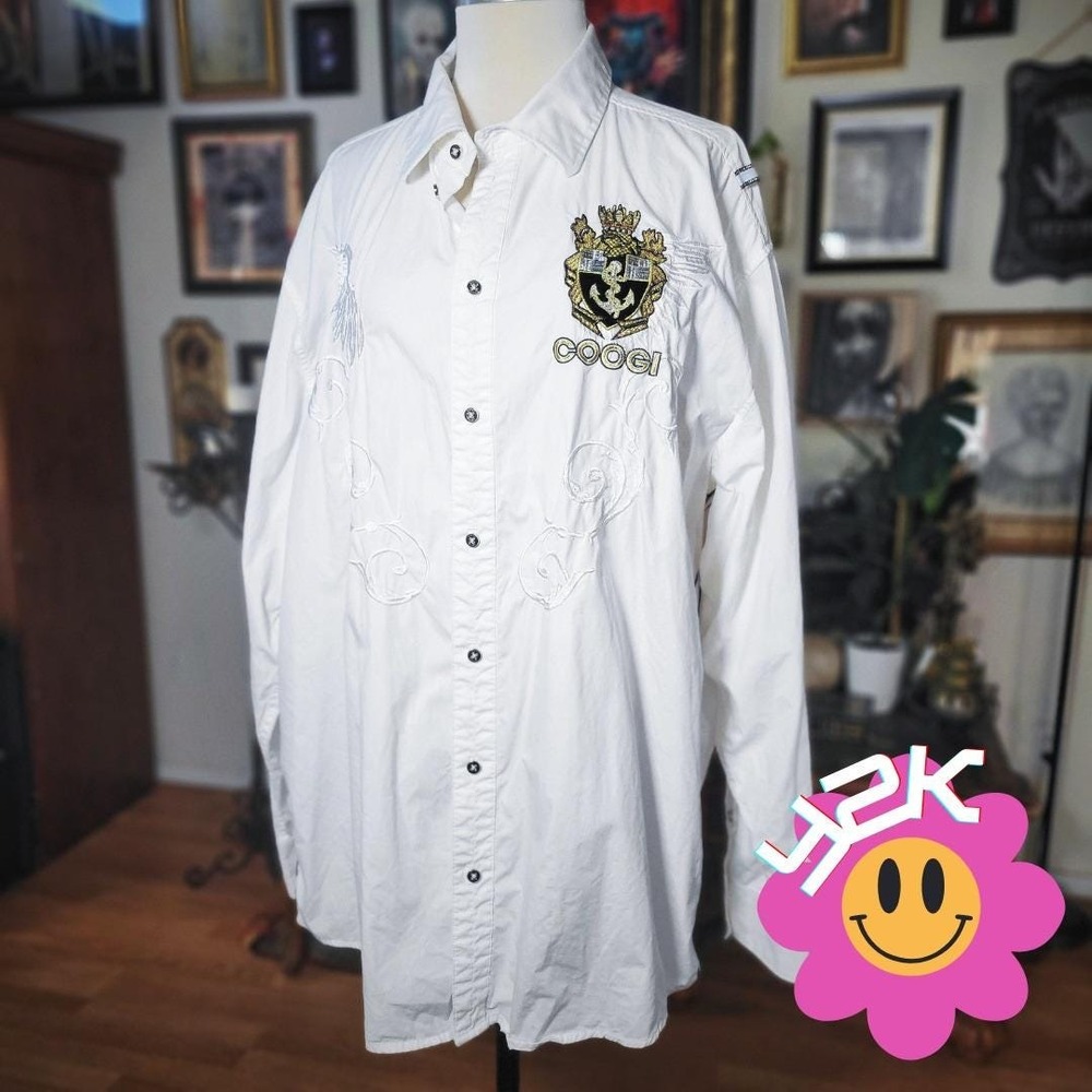 Coogi Button Up Shirt Vintage Y2K White Embroidered Hip Hop Baggy Mens XXXL 3XL
